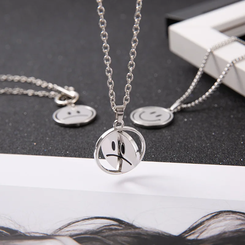 Revolving Smiling Face Necklace Stainless Steel Personality Design Men Women's Ins Hip-hop Street Double-sided Pendant Jewelry