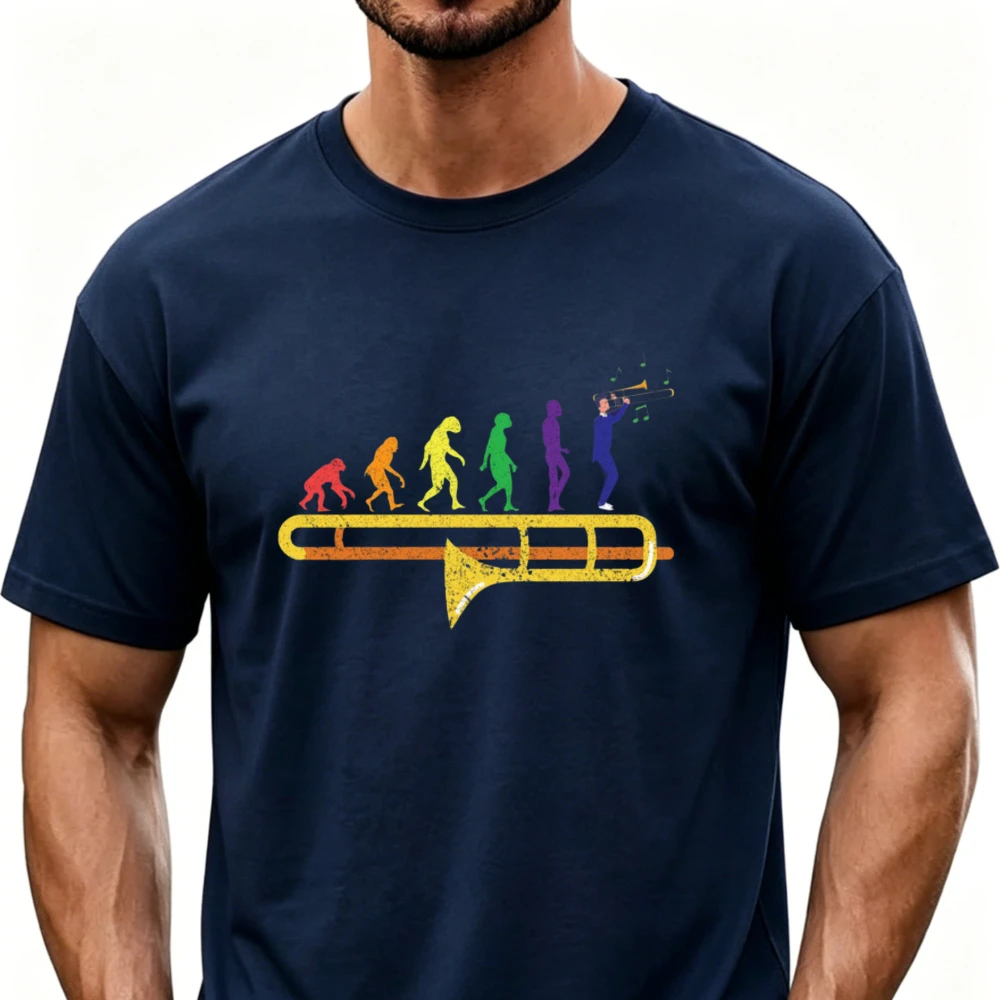 Retro Jazz Trombone T-Shirt Black Long Sleeve Crew Neck Oversized Fit Rainbow Human Figures Musical Notes Vintage Trombonist Tee