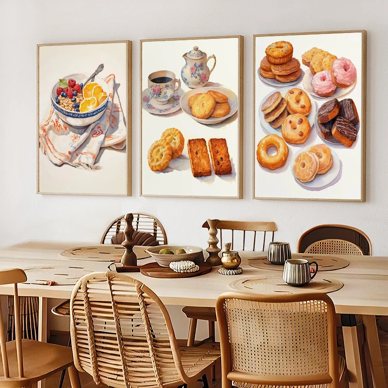 Galletas, acuarela, galletas, café, cereales, pan, pastelería francesa, póster impreso, imágenes artísticas de pared, pintura en lienzo, decoración del hogar para habitación