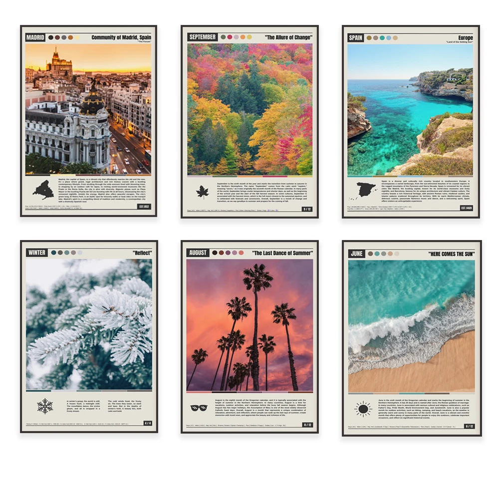 Japan, Spain, Madrid, León Spain, Barcelona, flag oil painting, August, palm trees, June beach summer, September travel poster