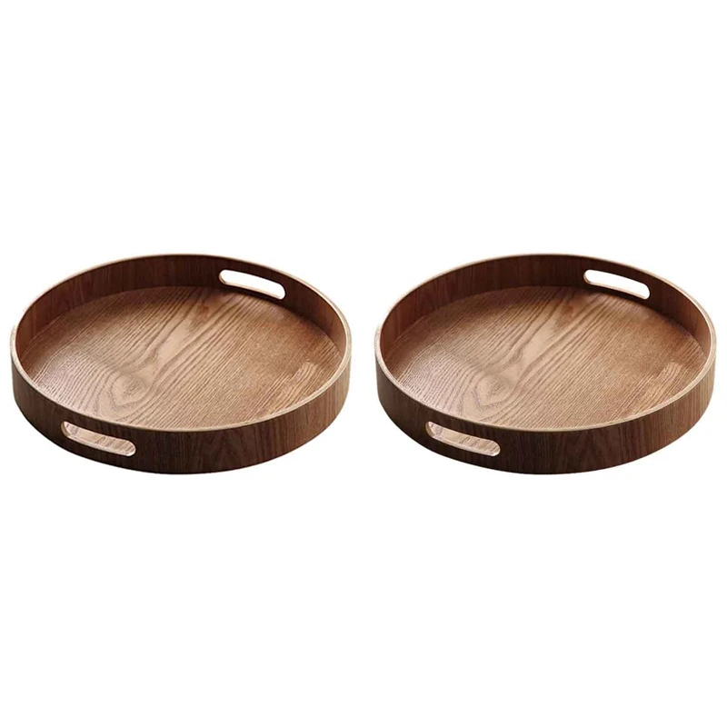 

2X Round Serving Bamboo Wooden Tray For Dinner Trays Tea Bar Breakfast Food Container Handle Storage Tray 2 & 3