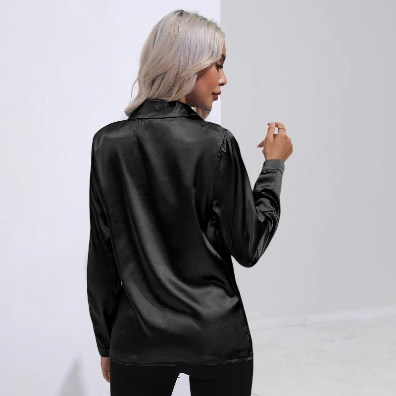 Spring  Autumn Satin Shirt Women V Neck Long Sleeve Office Shirt Blouses Ladies Black White Silk Loose Shirts For Women