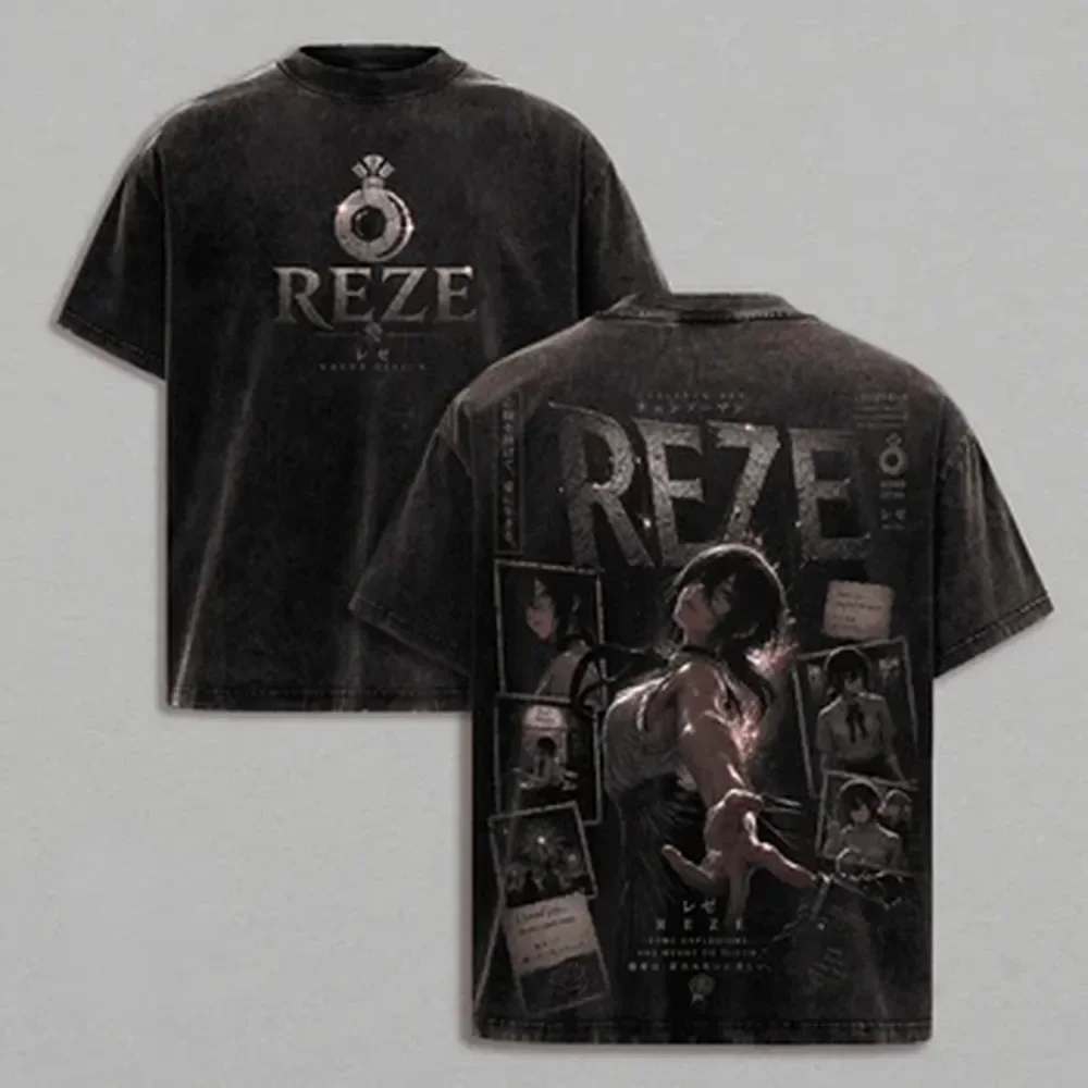 Reze Chainsaw Man Anime T-shirt Manga Harajuku Vintage Washed T Shirt Men Unisex Clothing Summer Oversized Cotton Tees Clothes