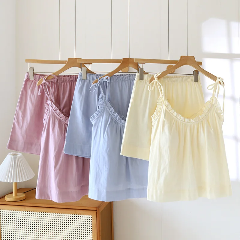 

100% Cotton Women Pajamas Summer Pajamas For Women Spaghetti Strap Sleepwear 2 Piece Set Girls Nightwear With Chest Padded Bra
