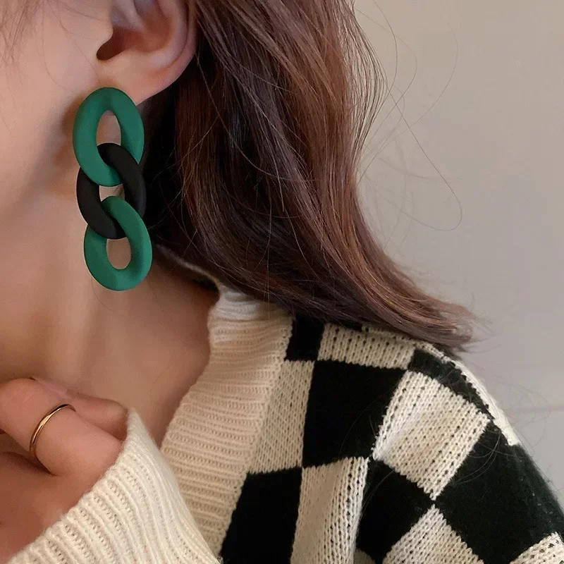 Green Color Big Geometric Earrings Korean Long Acrylic Square Round Earrings Vintage Dangle Drop Earrings Gifts for Women