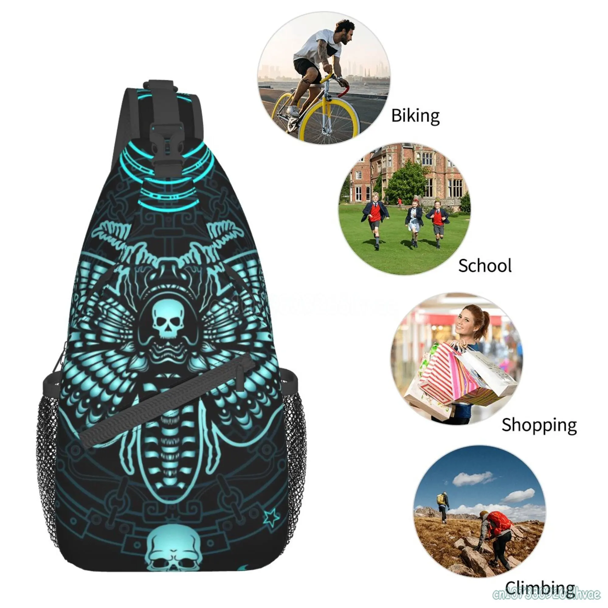 Mochila negra de polilla con Calavera, bolso de pecho cruzado, bolsos de hombro ligeros para viajes