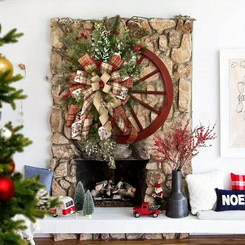 Christmas Decoration ，Door Hanging ，Wooden Wheel，Wheel Wreath Christmas Pinecone Wreath