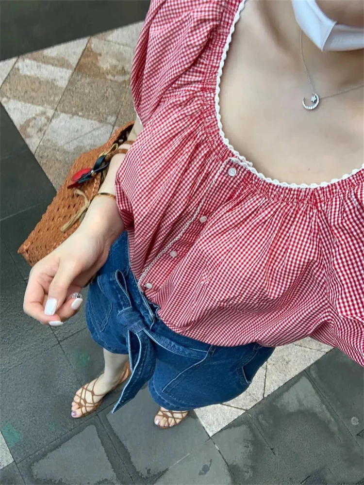 2024 Summer Women Lace Trim Stitching Long Sleeve Shirt Elastic Waist Lace-Up Short Pants Pink Plaid Blouse lub Shorts Set