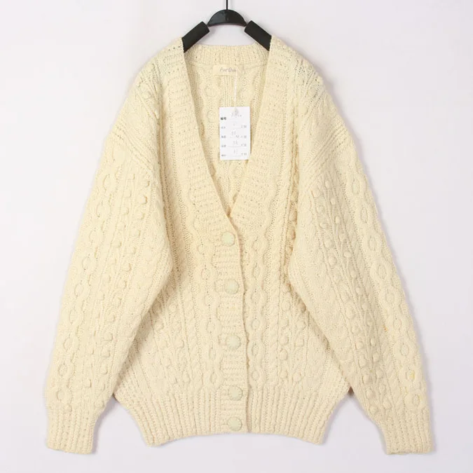 

Винтажный осенне-зимний белый вязаный шерстяной кардиган с 3D-цветами в форме боба, свободного кроя, с длинными рукавами, V-образным вырезом, термо.