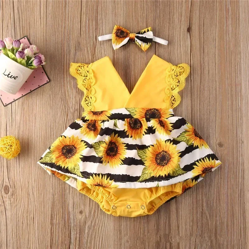 0-18Months Newborn Jumpsuit Baby Girls Summer Lace Flying Floral Sleeve Romper Dress with Headband Outfits Clothes