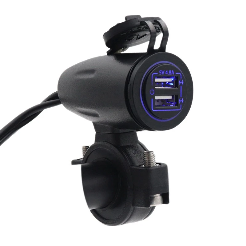 

Universal Motorcycle Dual 4.8A USB Charger Socket Press Switch Waterproof 12-24V for Handlebars Mount(Blue