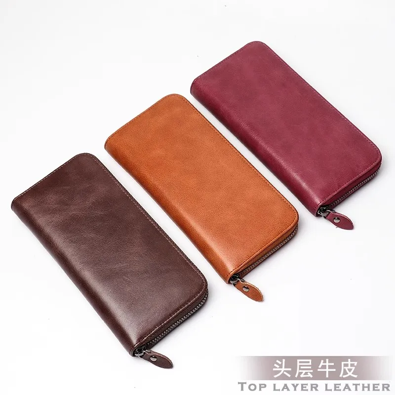 

Men's Genuine Leather Wallet Vintage Long Women's Purse Bank Card Clip Top Layer Cowhide Large Capacity Wallet Casual Clutch Bag