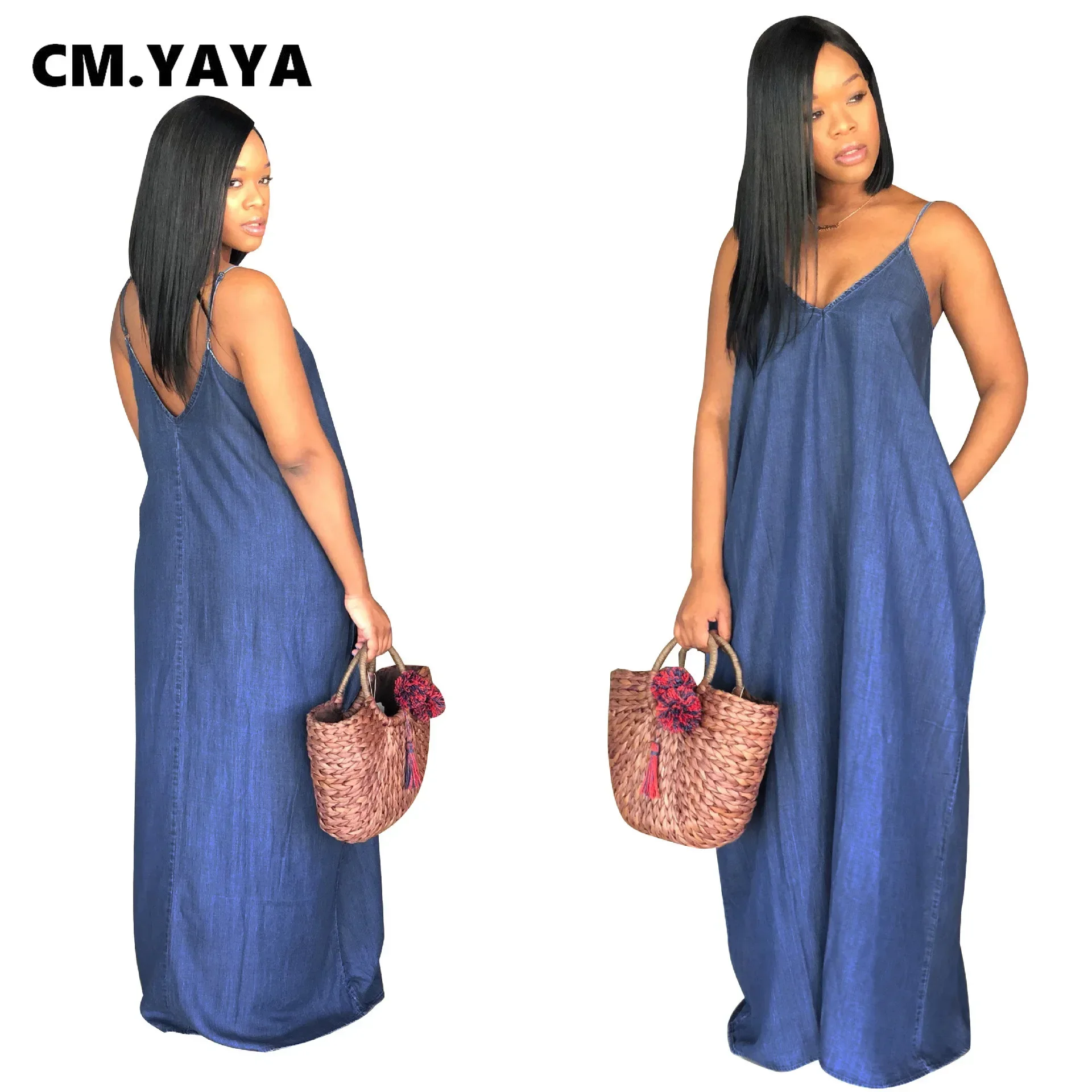 CMYAYA Women Summer S-3XL Denim Sexy Maxi Dress Party Club Outside Loose Long Strap Sleeveless Dresses Outfits