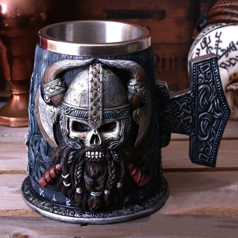 Tasse à bière en acier inoxydable en résine viking, chope à thé créative, tasse à café tête de mort, gobelet à thé, décor de bar de pub, livraison directe, 7,5