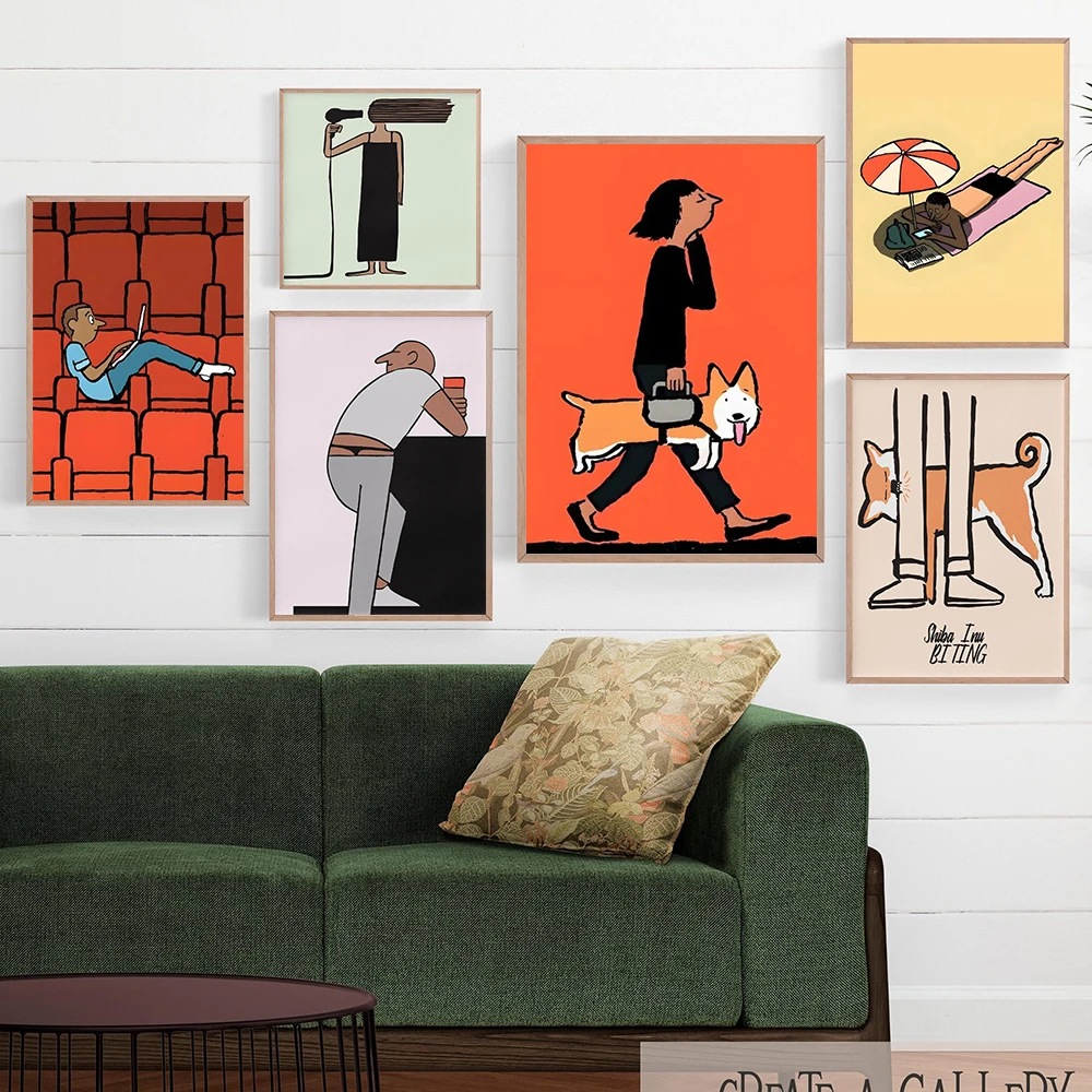 Unframe  Hair Dryer Poster Humorous Bathroom Illustration with Blowing Hair Figure Pictures Modern Minimal Character Wall Art Pr