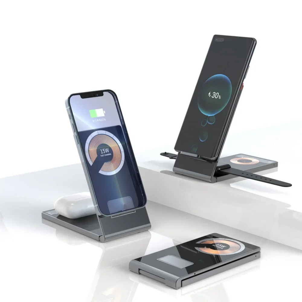 

15w+15w Android Wireless Charging Phone Chargers Stand Rotation Metallic Folding Magnetic Metal 3 in 1 Wireless Charger