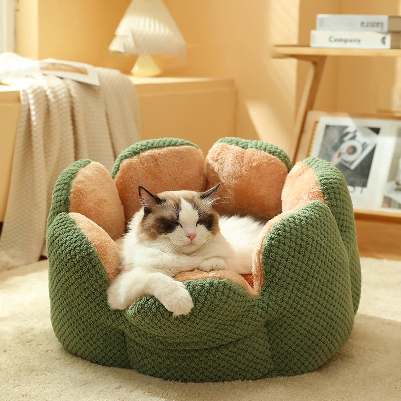 Petal-Shaped Cat Bed Round Pet Plush Kennel Winter Warm Kittens Goods Fluffy Cat Bed Basket Pet Dog Cushion Puppy House Supplies