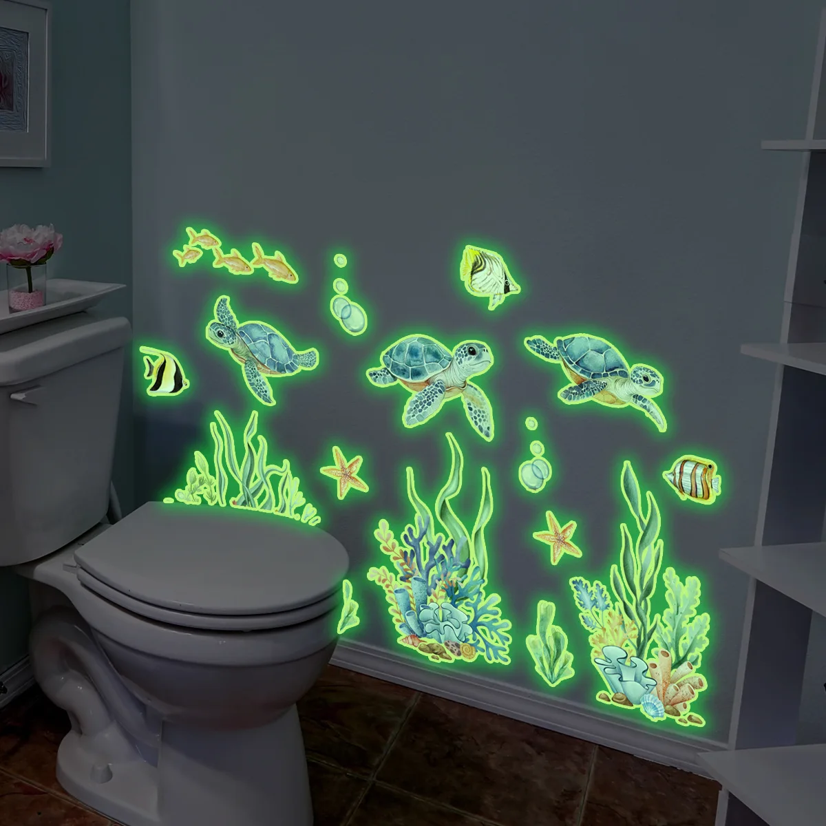 Glow-in-the-Dark Ocean Wall Decals - Turtle & Bubble Bathroom Stickers for Kids' Room