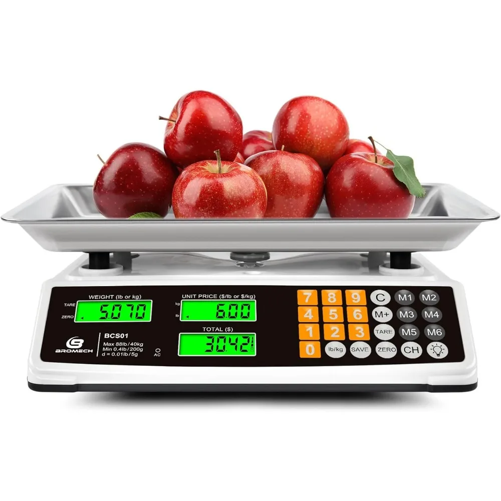 

Commercial Food Scale 40kg/88lb Stainless Steel Platform LCD Display Green Backlight for Markets Deli