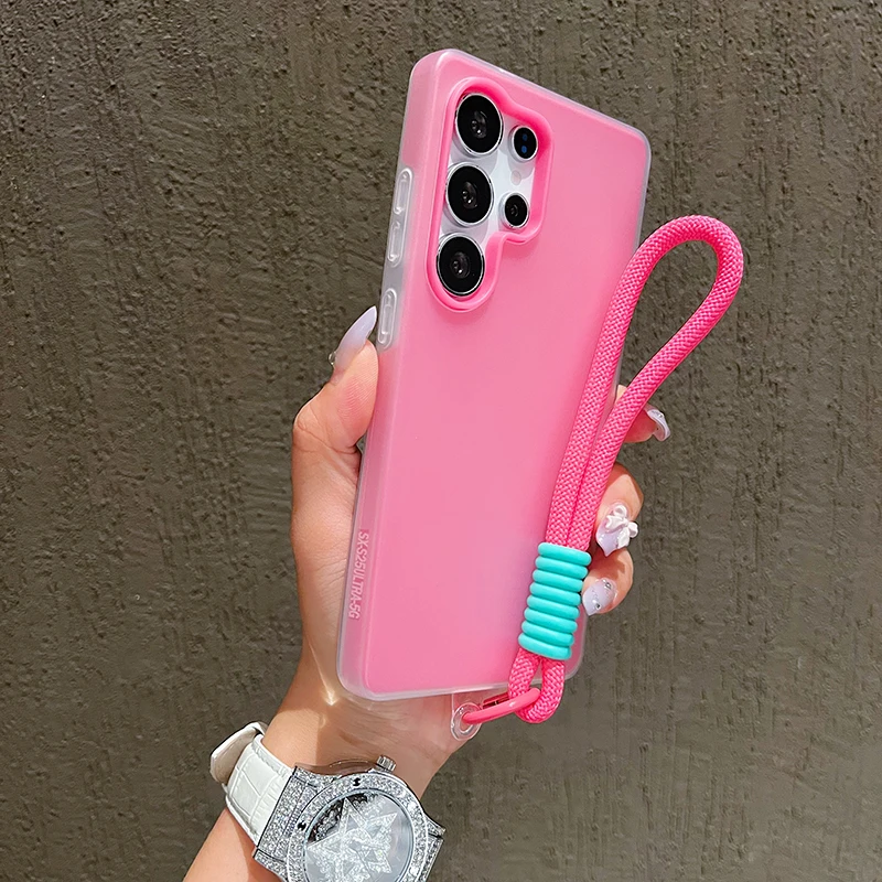 

2in1 With Wrist Strap Lanyard Jelly Phone Case For Samsung Galaxy S26 S25 S24 S23 S22 Ultra Plus FE A26 A35 A54 A23 Solid Cover