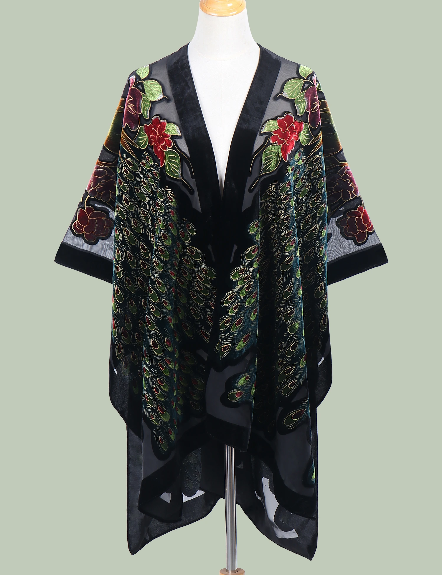 WeHello Women\'s Burnout Velvet Kimono Bohemian Long Beach Cover-up Holiday Casual Cardigan Shawl JYPF-27