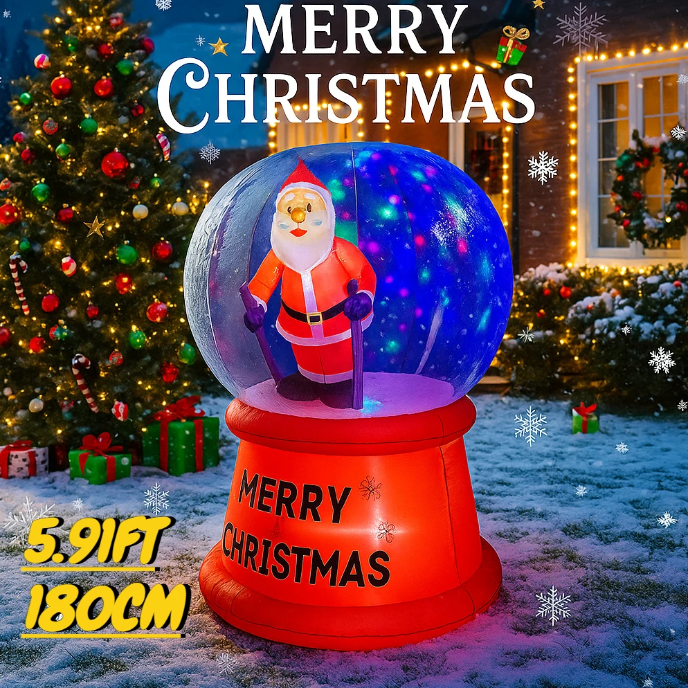5.91FT InflatableToy Xmas Decorations Santa Claus Crystal Ball with LED Lights for Yard Supplies Home Ornaments Festive Gifts