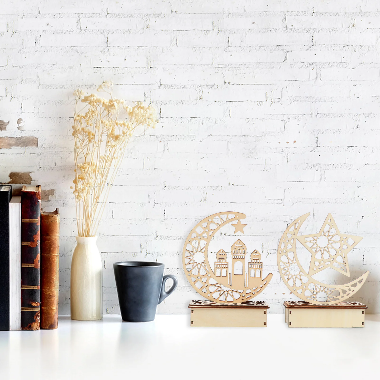 3Pcs Hollow Wooden LED Ornament Eid Mubarak Ramadan Festival Home Decoration DIY LED Palace Eid Wooden Ornament