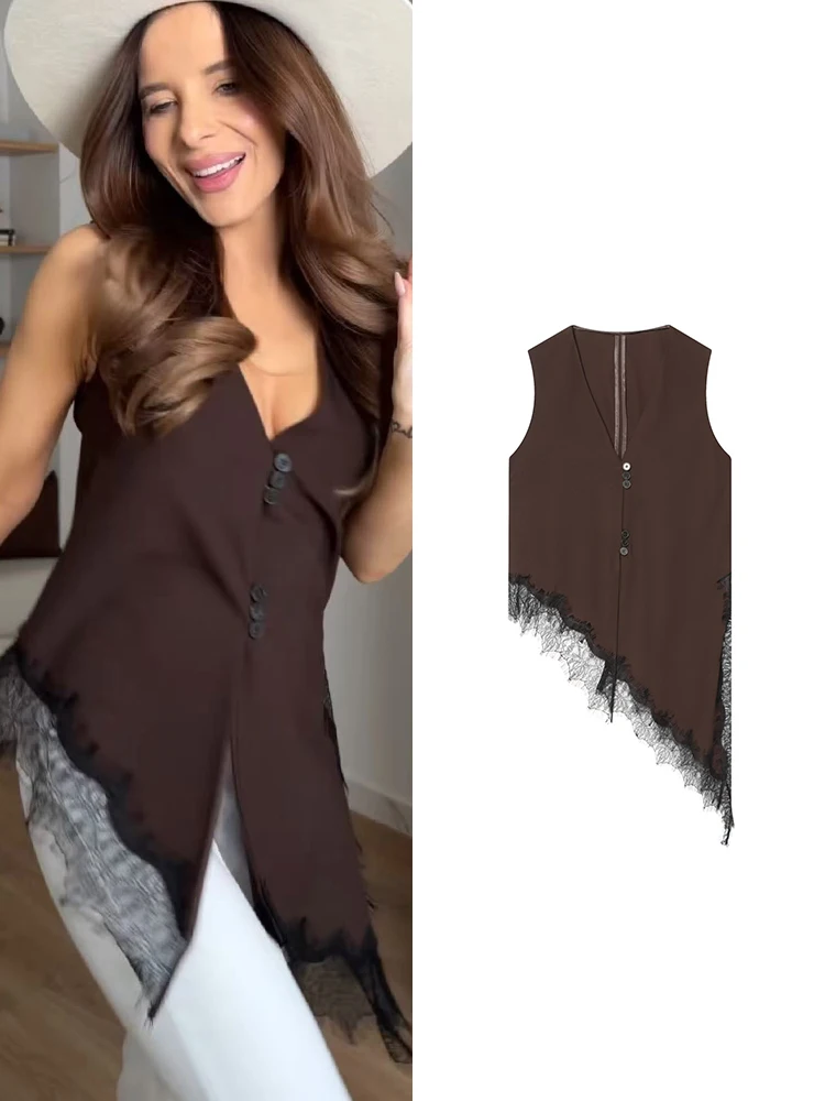 2026 Damen Spitzenbesatz-Weste Modisches V-Ausschnitt-Top mit Knöpfen Vintage Asymmetrisches Ärmelloses Tanktop Sommer Damen Casual Streetwear