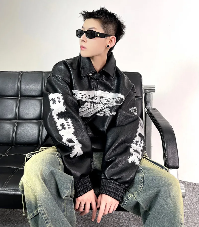 

Streetwear Embroidered PU Leather Bomber Jackets for Men Loose Moto Biker Jackets Racing Coats Windbreaker Fashion Men Clothing