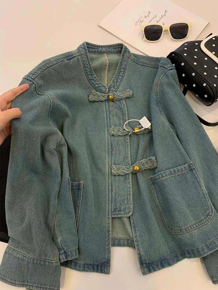 Women Blue Denim Jacket Long Sleeve Jean Jacket with Pockets Harajuku Korean Vintage 2000s Oversize Outerwear Top 2000s Clothes