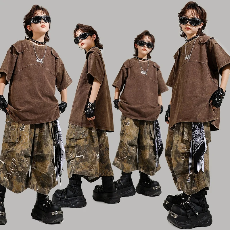 

Summer Boys Hip Hop Clothes Brown Short Sleeves T Shirts Camouflage Pants Baggy Street Wear Girls Kids Locking Show Suit BL16182