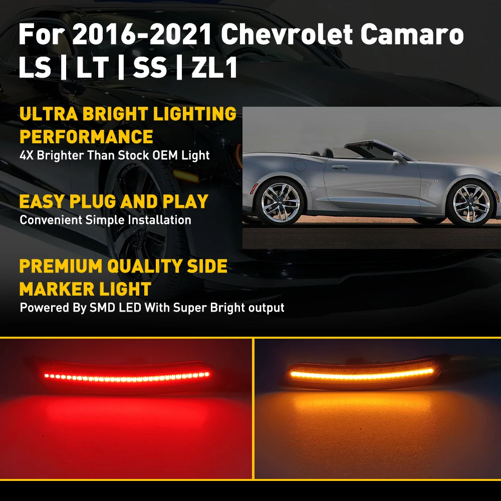 

4 шт. светодиодных боковых габаритных фонарей для Chevrolet Camaro 2016-2021 (LS, LT, SS, ZL1), аксессуары для автомобиля, передние и задние фонари