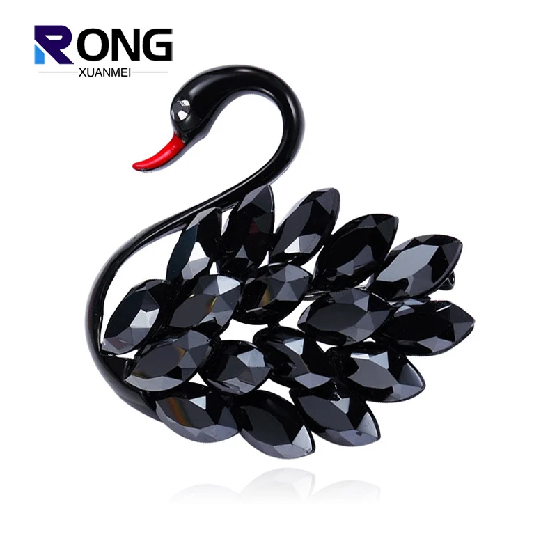 Trendy Black Crystal Animal Swan Brooches For Women Temperament Rhinestone Metal Lapel Pin Corsage Fashion Clothing Accessories