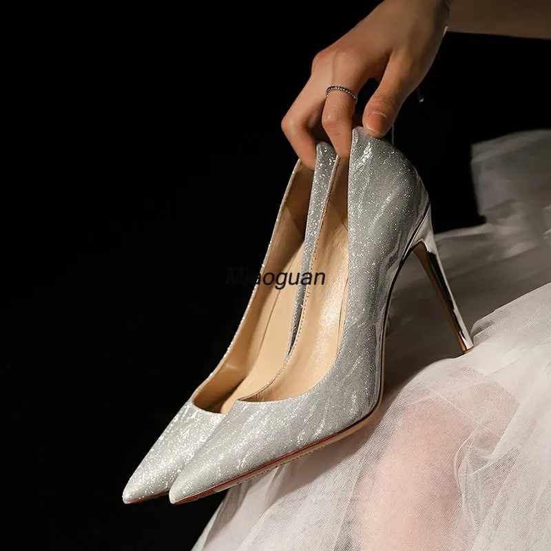 Luxury Gold Silver Women\'s Pumps 2023 Spring Pointed Toe High Heels Party Wedding Shoes Bridal Stiletto Heels Designer Footwear