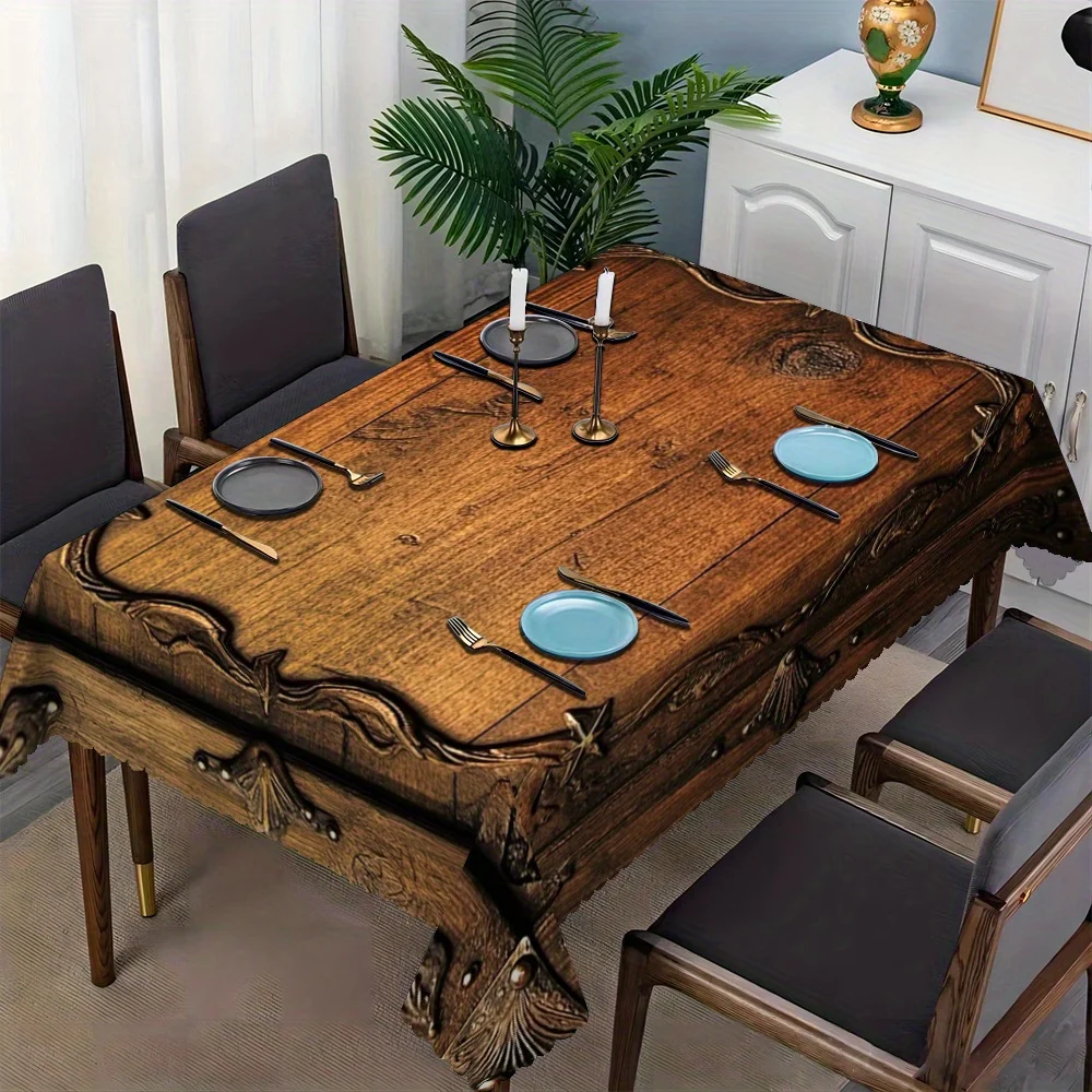 Retro wood-grain and carved lace rectangular tablecloth, with fan-shaped edges made of polyester fiber.