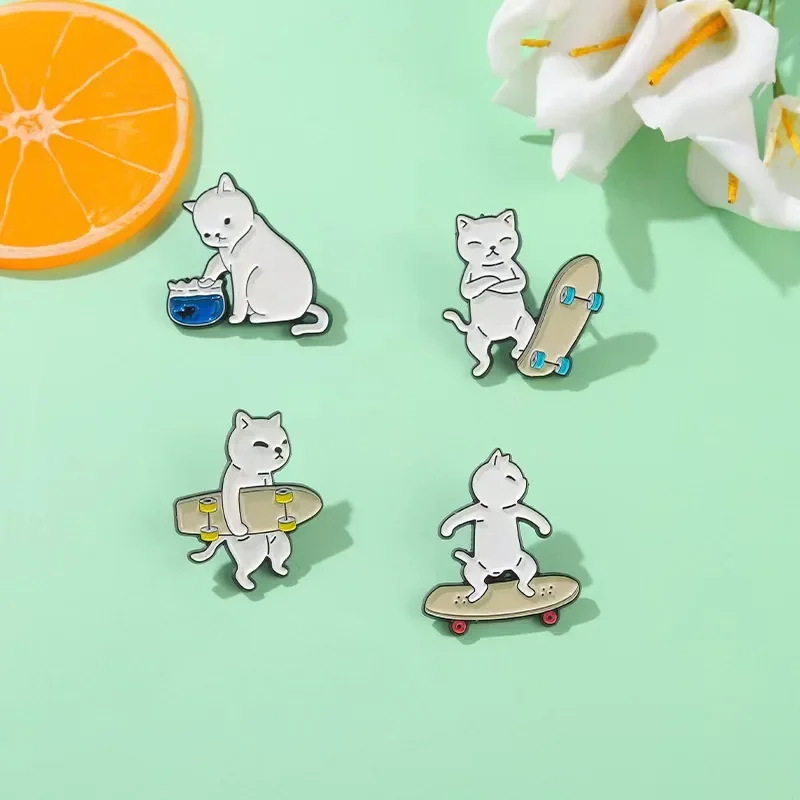 Cartoon Black White Cat Enamel Pins Badges with Animals Playing Skateboard Funny Pins Backpack Jewelry Brooch for Kids Wholesale