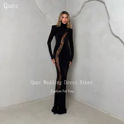 Qanz Modest Black Evening Dresses Sheath Mermaid Long Sleeves High Neck Vestidos De Gala Lace Illusion Party Dresses  Customized