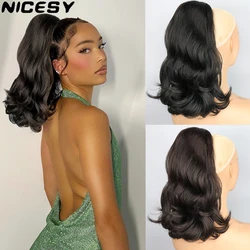 Nicesy-女性のための2つのクリップを備えたスキニードローストリングポニーテールヘアピース、合成テールウィッグ、黒の拡張、18インチ