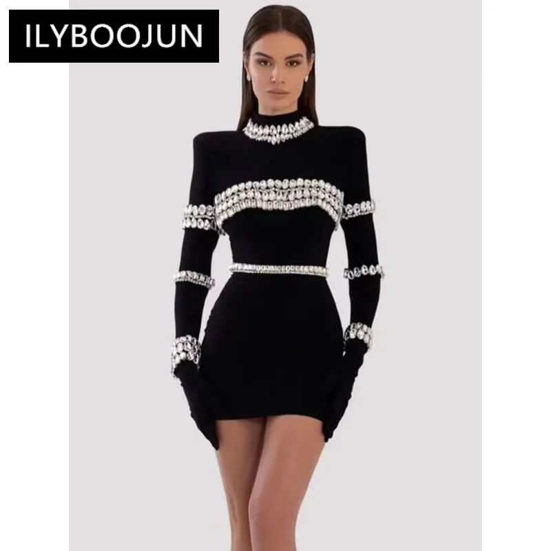 

Brand New Women Winter Sexy Turtleneck Beading Long Sleeve Black Mini Bandage Dress 2023 Elegant Evening Club Party Dress