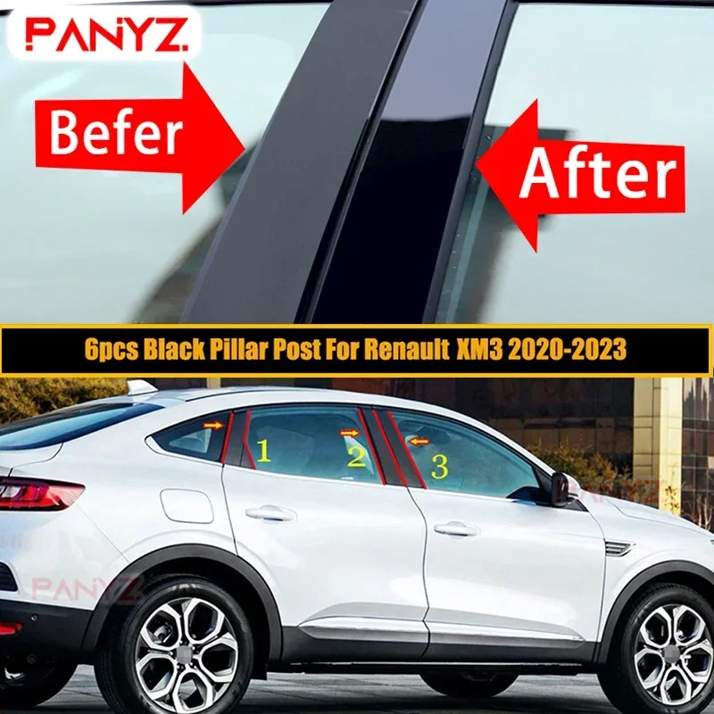 6Pcs Car Window Pillar Posts Trim Cover Sticker Decal Glossy Black Fit Renault XM3 Megane Conquest Arkana 2020 2021 2022 2023