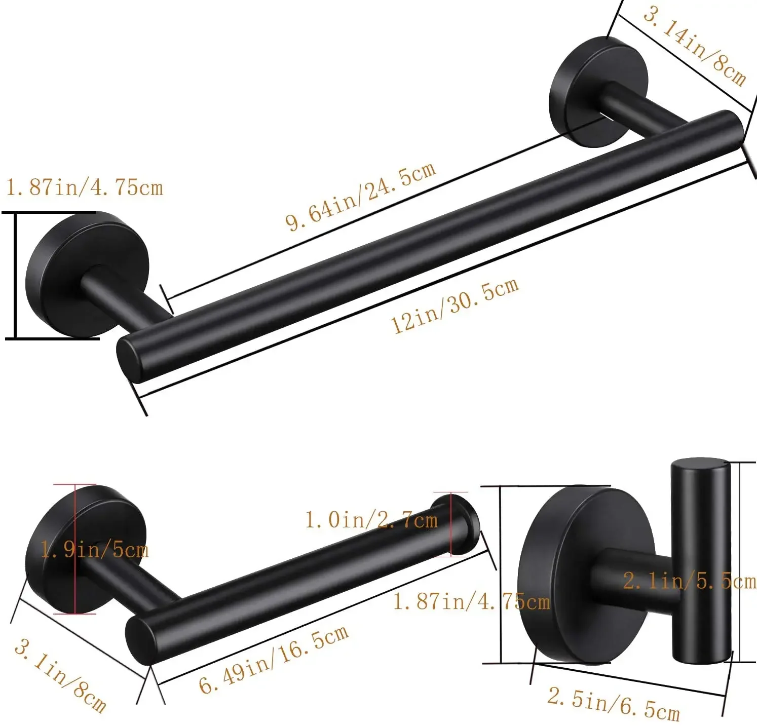 3-Pieces Stainless Steel Matte Black Bathroom Hardware Set Wall Mounted SUS304 Bathroom Accessories Set