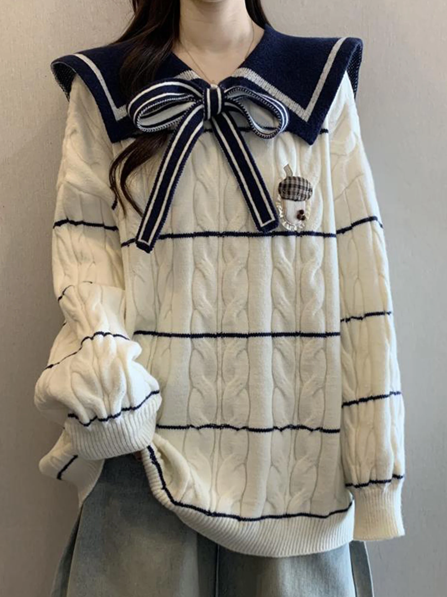 

Thiened Knitted Sweater Women's Autumn Winter Loose Lazy Age-Defng Large Size LazyMM Netie Knot Twist Knitwear