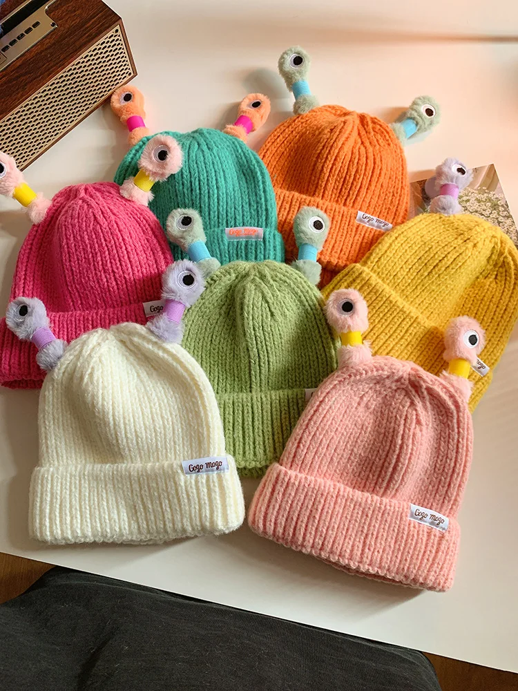 Knitted Hat Cute Cartoon Funny Eyes Antennae Will Glow New Warm Family Knit Hat