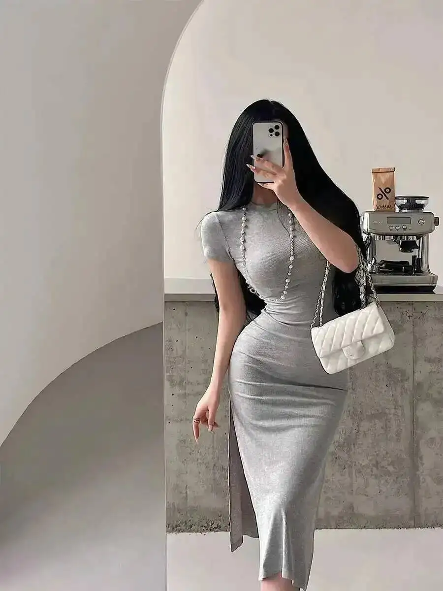 Basic Nauwsluitende Slanke Korte Mouwen Taille Cinching Slit Mid Lengte Hip Knuffelen Jurk T-shirt Zoete Koreaanse Vrouwen Tops G8F8