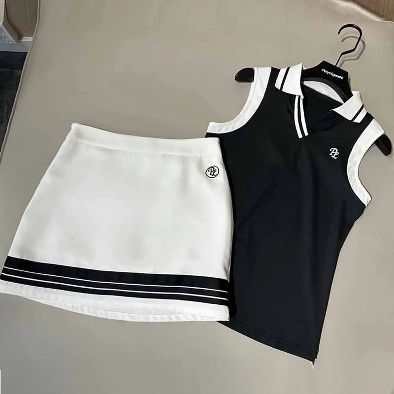 PL Summer New Golf Tank Tops Women Polo V-Neck Sleeveless Shirts Quick-dry T-Shirts Lady A-Lined Short Skirt Tennis Pencil Skort