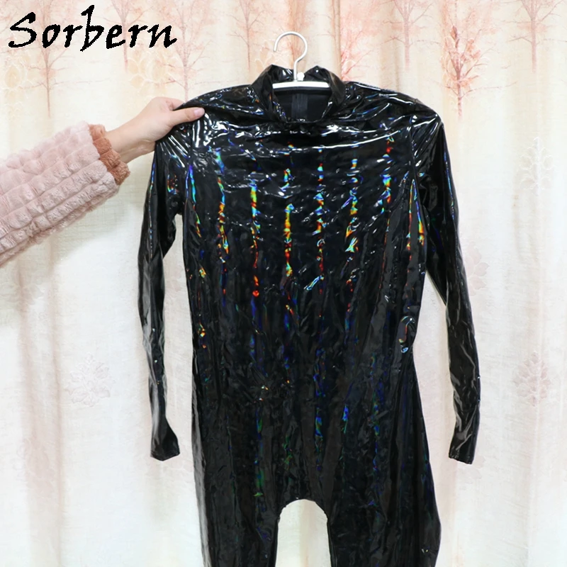 Sorbern Black Holo BodySuit Boots Unisex Crotch Thigh High Custom Size High Heels Womens High Neck Long Sleeve Sexy Back Zip