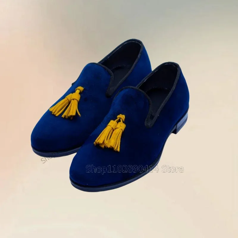 Yellow Tassels Decor Blue Flock Men Loafers Fashion Slip On Men Shoes Luxurious Handmade Party Feast Banquet Men Casual Shoes view 3