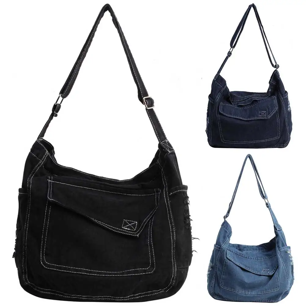 Denim Tote Bag Large Capacity Canvas Trendy Crossbody Bag with Zipper Adjustable Strap Casual Shoulder Purse for Women and Girls