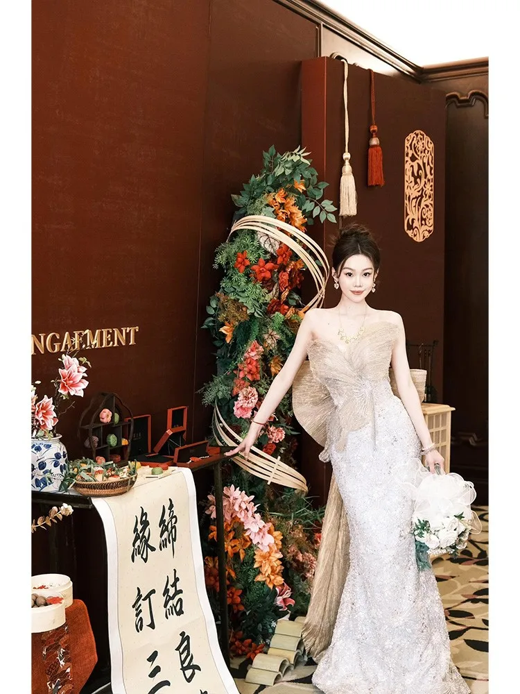 

New Chinese-style morning robe toasting light luxury and niche style heavy sequined fishtail dress