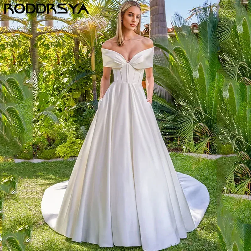 

RODDRSY Sexy A-Line Wedding Dress Satin Off-Shoulder V Neck Pleat Bridal Gown Floor Length Vestido de Novia Custom Made 2024
